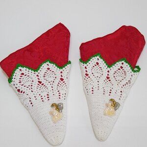 Christmas Napkin Cuffs w/ Red Napkins Sequined angel embellishments Circa 1990s